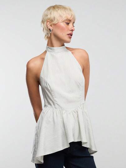 COUREZ WOVEN HALTER TOP WITH PEPLUM HEM