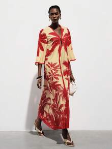 Aveloria Modichic Minimalist Casual Chic Coconut Tree Print Splice Drawstring Waist Flare Sleeve Dress For Women - Multicolor - View 5