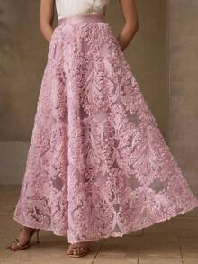 MOTF PREMIUM 刺绣网纱花卉喇叭裙 - 粉色 - 查看 4