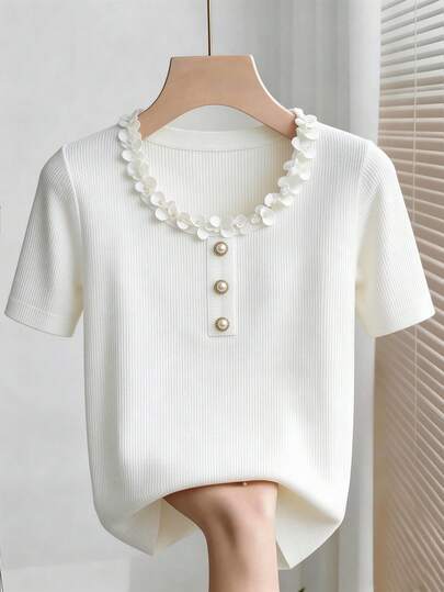 Franclia Women's Elegant And Casual White Ribbed Short-Sleeved Round Neck Top With 3D Lace Trim, Summer Clothing, Elegant Women's Tops, Women's Casual Wear, Casual Work/Commuting Outfits, White Tops, Casual Vacation Wear. Cute White Top White Ribbed Top Short Sleeve Blouse Pearl Button Top Elegant White Top White Short Sleeve Top Ribbed Knit Top Flower Trim Top
