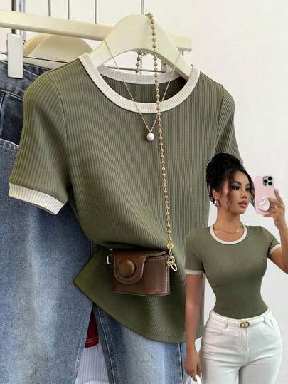 Elenzga Women's Casual Patchwork Short Sleeve T-Shirt, Versatile For Daily Wear