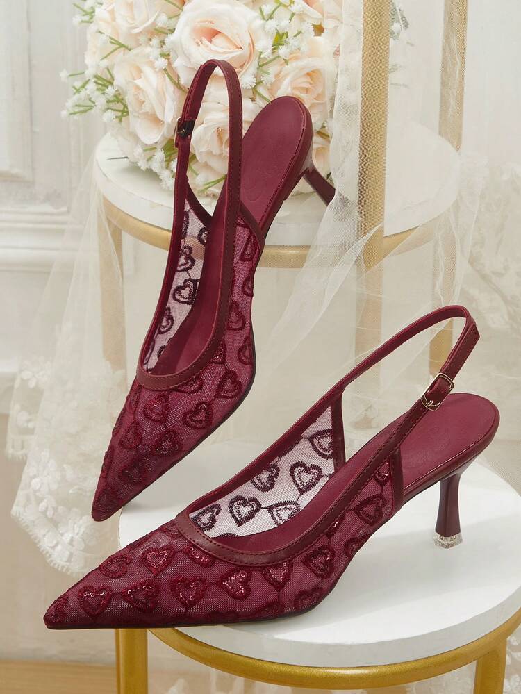 CUCCOO HITCHD Summer And Autumn Burgundy Mesh Embroidered Sequin Pointed Toe Thin Heels Sexy And Elegant Women's High Heels Shoes Summer Shoes Wedding Shoes Bride Shoes