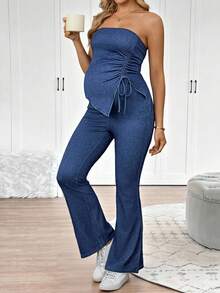 SHEIN 2pcs Maternity Tube Top With Asymmetric Hem & Drawstring And Flare Leg Jeans Set Spring To Summer Carnival Costume Commuting Vacation Graduation Chic Y2k Cute Streetwear Party Wedding Elegant Business Casual Woman Chic Maternity Denim Two Pieces Outfit Strapless Ruched Top And Flared Trousers For Expecting Moms - Blue - View 6