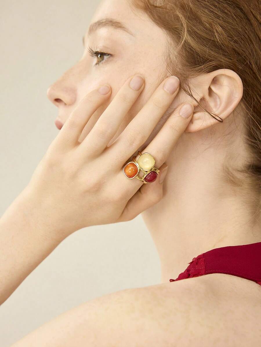 MOTF PREMIUM PRE-18K镀金几何方形三色个性化戒指 - 彩色 - 查看 1