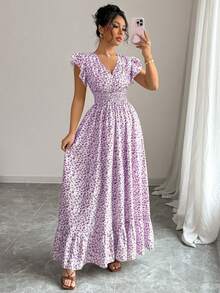 Selianne 新款褶皱印花短袖荷叶边下摆收腰休闲度假连衣裙，女士 - 紫色 - 查看 3