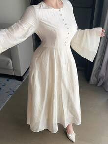 Dazy Plus Plus Size Women Round Neck Ruched Waist Elegant Party Dress Sundress - Apricot - View 7