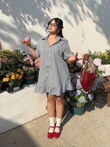 GalTyme 大码夏季休闲格子前扣连衣裙 - 黑與白 - 查看 2