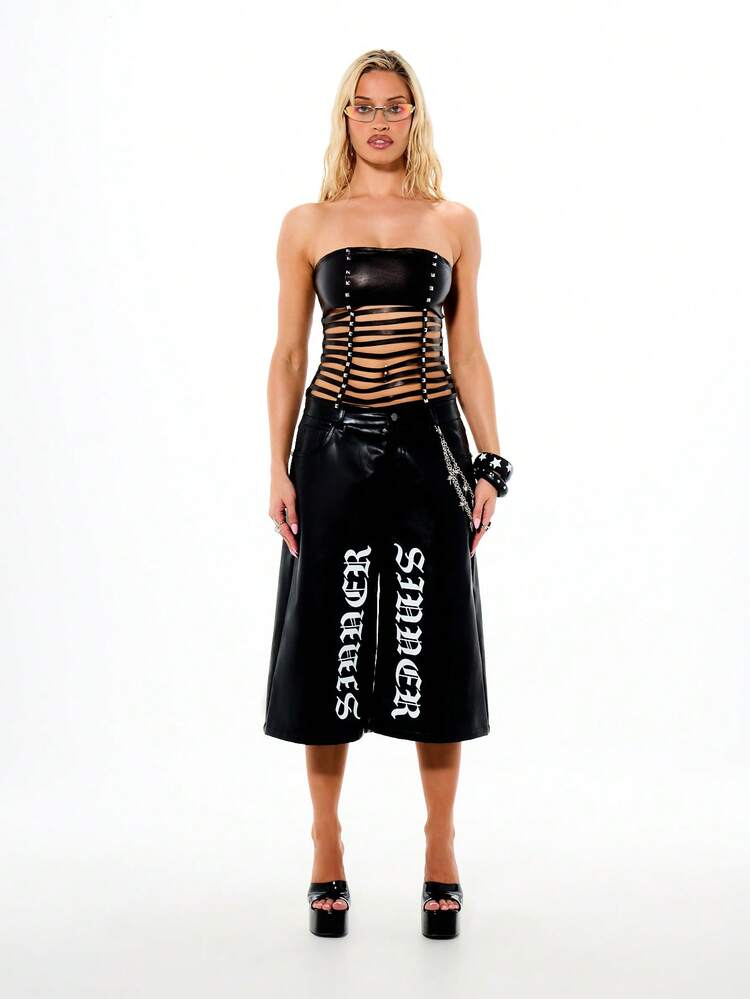 SUMWON WOMEN 인조 가죽 스터드 코르셋 탑, 컷아웃 허리 디테일 및 금속 하드웨어로 엣지 있는 이브닝 룩 파티 의상 클럽웨어