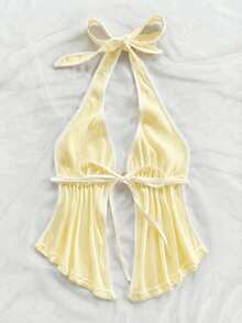 Soleia 性感V领金属装饰露背荷叶边红色纹理面料女士吊带背心，适合海滩度假、约会、下午茶、假期、音乐节、波西米亚风等场合。 - 淡黃色 - 查看 2