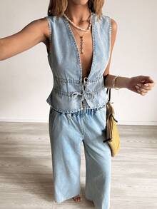 Sunnyshic Spring/Summer Fashion Casual Tie-Up Loose Washed Denim Blouse - Light Wash - View 7