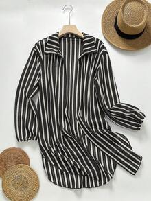 Swim SXY 女士春夏蓝白条纹提花面料开襟罩衫衬衫领和服 - 黑與白 - 查看 4