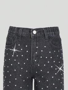 SHEIN ChillGRL 女童灰色时尚简约休闲水钻装饰宽松阔腿水洗牛仔裤 - 黑色 - 查看 3