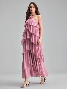 Ontre 2026春夏女士粉色3D立体花卉吊带连衣裙，现代优雅婚礼宾客装扮，简约浪漫法式奢华风，都市时尚商务休闲办公装，低调复古高端感，高品质机场/邮轮装扮，中东必备单品，百搭季节连衣裙，婚礼系列，通勤连衣裙，母亲节连衣裙，沙滩连衣裙，毕业礼服，荷叶边下摆连衣裙 - 粉色 - 查看 5
