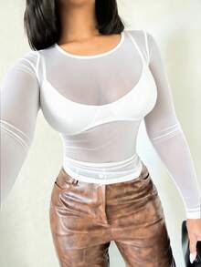 Alexandranx Women's Summer Solid Color See-Through Mesh Slim Fit Top - White - View 4
