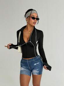 Dewbera Casual Contrast Trim Front Zipper Fitted Sports Jacket - Black - View 4