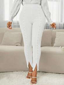 SHEIN Lady Quần legging nữ đính ngọc trai giả, kiểu dáng thường ngày, đa năng, thích hợp mặc hàng ngày. - trắng - Xem 3