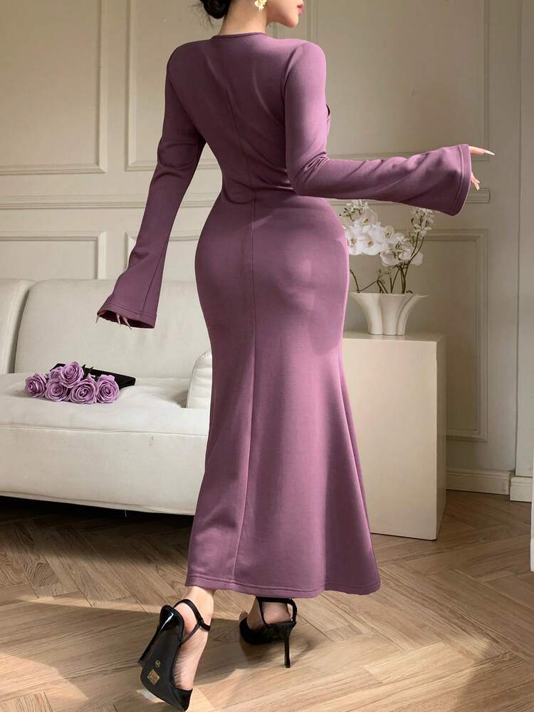 Women's Elegant Solid Color Tie-Up Fishtail Midi Dress, Spring/Summer