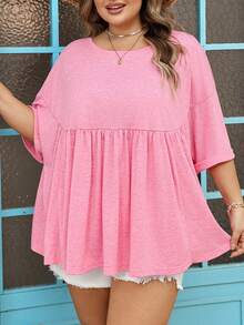 SHEIN CURVE+ Curve 尺码 US22 音乐节、海滨度假、波西米亚风女士超宽松弹力娃娃衫 T 恤 - 粉色 - 查看 10