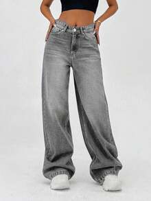 SHEIN Cottnline 100% Cotton HIGH RISE WIDELEG FIT VINTAGE WASH WOMEN BAGGY JEANS - Dark Grey - View 5