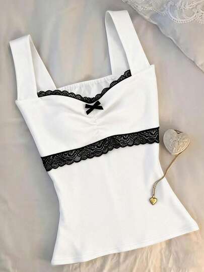 Glimmora Women's Contrast Lace Bow Decor Thick Strap Top