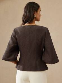 Aveloria Rosie 时尚简约百搭通勤优雅奢华复古设计人字纹拼接圆领收腰灯笼袖女士西装外套 - 彩色 - 查看 6