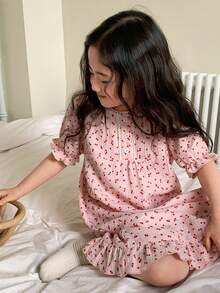 DAZY 少女樱桃印花纽扣褶皱休闲睡裙 - 粉色 - 查看 7