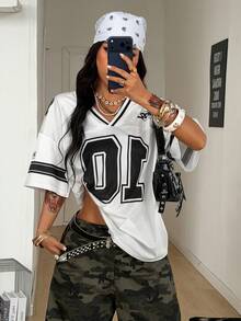 Coolane Women's Summer Streetwear Going Out V-Neck Numeric Print Casual Versatile Daily Wear White T-Shirt White Graphic Crop Top Football Outfit Women 2 Piece Casual Sets Woman Club Outfits For Women - White - View 3