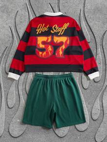 SHEIN HOT STUFF Men's Casual Fashion Street Style Everyday Commute Cartoon Letter Stripe Pattern Long Sleeve Polo Collar Sweatshirt And Drawstring Waist Shorts Set, Spring/Summer/Autumn - Red - View 7