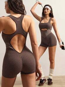 VARSIVA Brown Seamless Women's Backless Sports Jumpsuit, With A Cutout At The Chest, A Professional Backless Women's Sports Jumpsuit Suitable For Professional Fitness Activities, Pilates, Yoga, Running, And Everyday Wear, Suitable For Spring, Summer, Autumn And Winter. - Multicolor - View 16