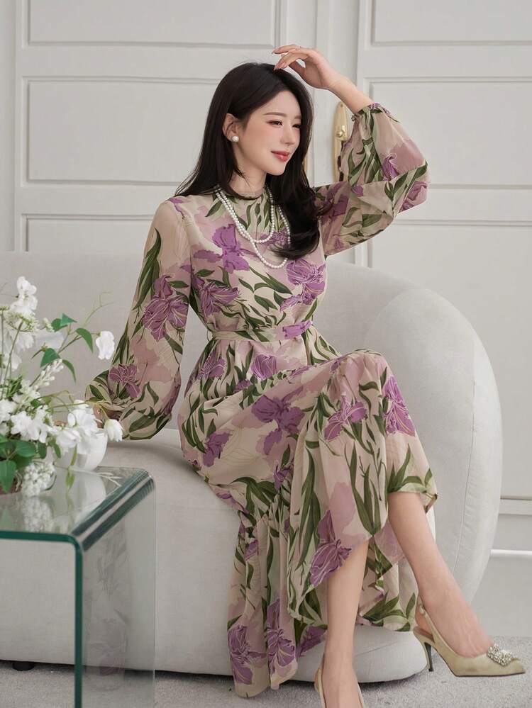 Women's Elegant Floral Print Round Neck Belted Mid-Length Dress, Spring/Summer