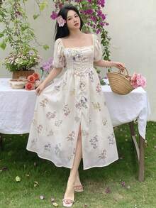 DAZY Đầm hè thanh lịch dành cho nữ, in hoa, cổ vuông, tay phồng, thắt eo, thích hợp cho kỳ nghỉ. - Màu be - Xem 2