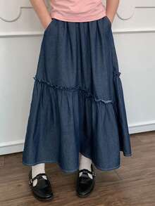 Dazy Kids 少女水洗牛仔休闲迷你裙，春夏款 - 藍色 - 查看 4