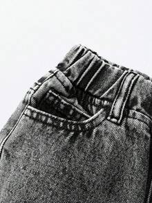 SHEIN Playful Pals Jeans rectos azules con efecto desgastado, moda versátil para niñas - Gris - Ver 5