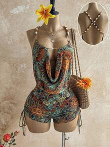 Soleia 新款性感深V领彩色串珠链条复古印花太阳图腾露背连体裤，适合约会、夜店、波西米亚风、度假、秋季女装、复古、假日 - 彩色 - 查看 1