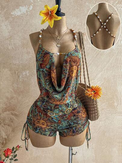 Soleia Bộ jumpsuit hở lưng, cổ khoét sâu gợi cảm, đính hạt nhiều màu sắc, họa tiết mặt trời cổ điển, thích hợp cho hẹn hò, hộp đêm, phong cách boho, nghỉ mát, trang phục mùa thu cho nữ, vintage, lễ hội.