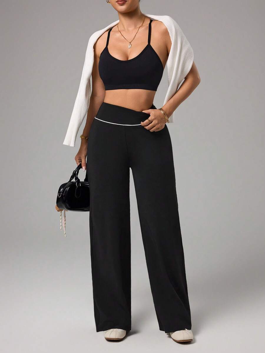 Dewbera Dewbera Pantalones anchos de mujer para yoga, deportes, fitness al aire gimnasio, con cintura con rayas de color contrastante, básicos y casuales - Negro - Ver 1