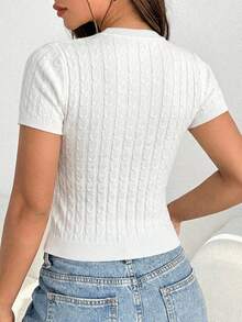 Top de punto para mujer, tejido acanalado con mangas cortas, diseño ajustado, cuello redondo, estilo casual y elegante, ideal para el colegio o looks de oficina, outfits urbanos y looks cómodos - Blanco - Ver 2