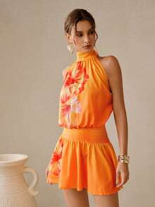 Swim Oasis New Arrival Neck-Tie Printed Jumpsuit Dress, Vacation Style Sleeveless Ruffle Hem Mini Skirt - Multicolor - View 3