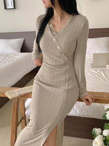 DAZY Elegant Jacquard Knit Lace Patchwork Long Dress Loungewear For Women Pajamas - Grey - View 3