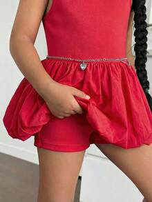 SHEIN 小女孩可爱夏季粉色针织拼接镂空无袖连衣裙，母女装（2套单独出售） - 紅色 - 查看 4