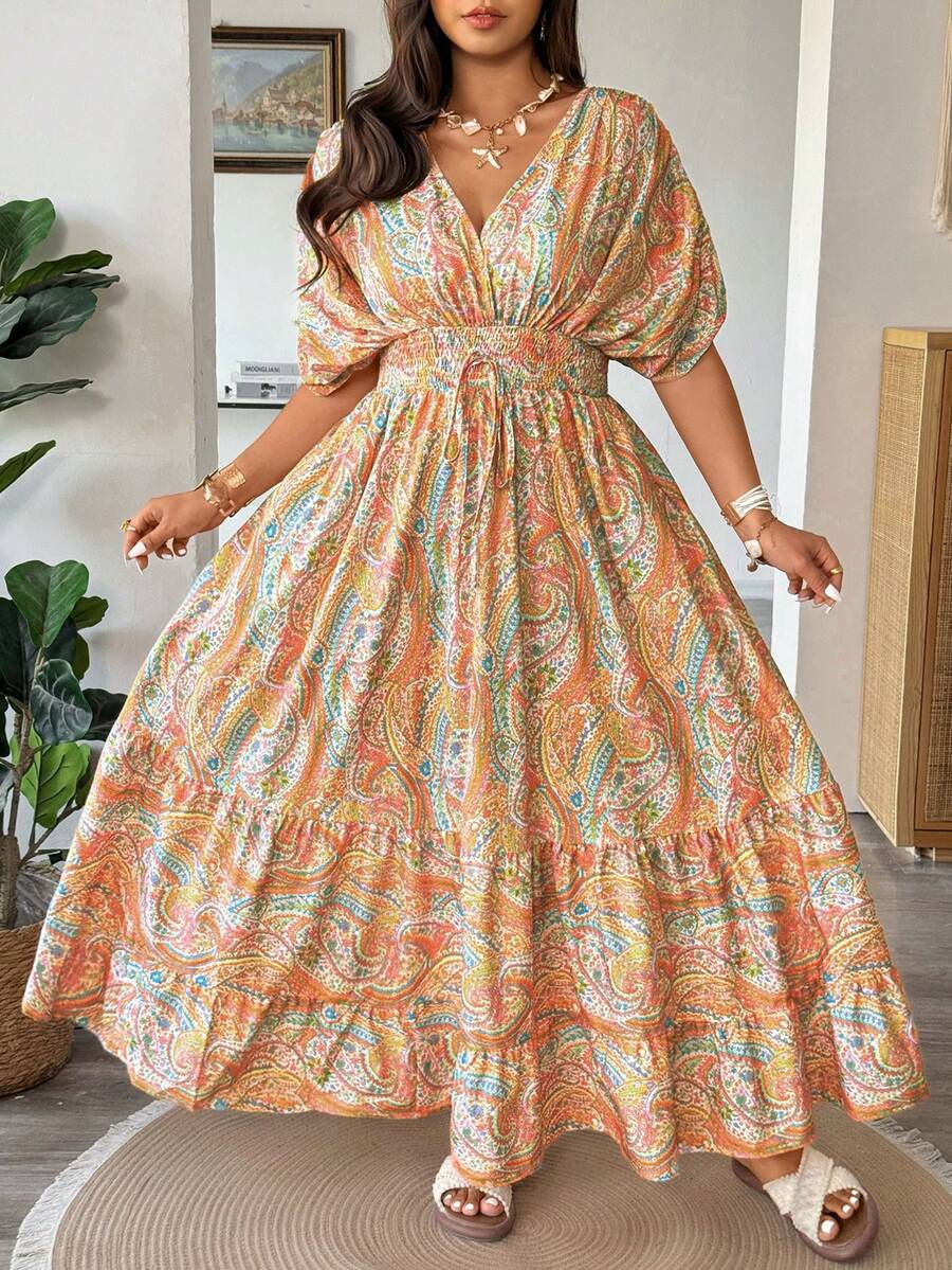 Vionelle Plus Size Boho Multicolor Random Print V Neck A Line Maxi Dress With Batwing Short Sleeves - Multicolor - View 1