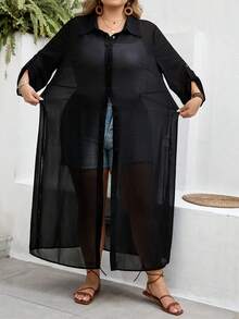 SHEIN CURVE+ Curve 尺码 US22 音乐节、海滨度假、波西米亚风女士黑色长款开衫，纽扣开衫，黑色长款开衫，沙滩度假 - 黑色 - 查看 10