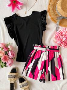 Tween Girl Solid Lotus Sleeve T-Shirt And Geometric Print Shorts Set - Multicolor - View 2