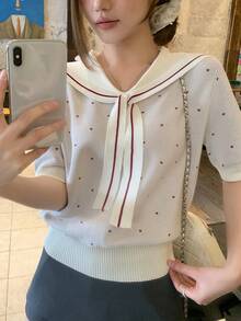 DAZY 女士撞色爱心系带短袖针织上衣，甜美风格，夏季百搭 - 杏色 - 查看 1