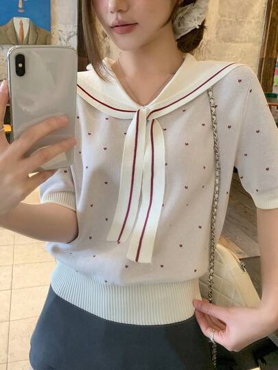 DAZY Women's Contrast Color Heart Tie-Up Short Sleeve Knit Top, Girly Style Versatile For Summer