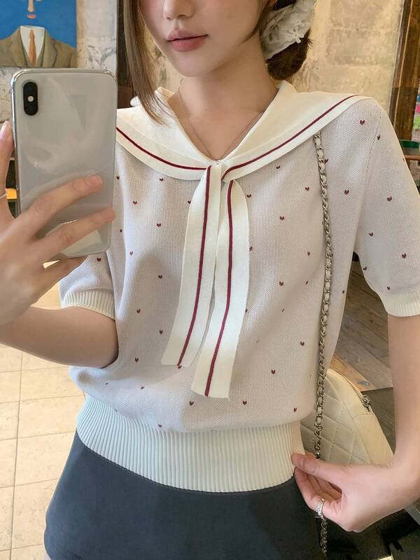 DAZY Women's Contrast Color Heart Tie-Up Short Sleeve Knit Top, Girly Style Versatile For Summer