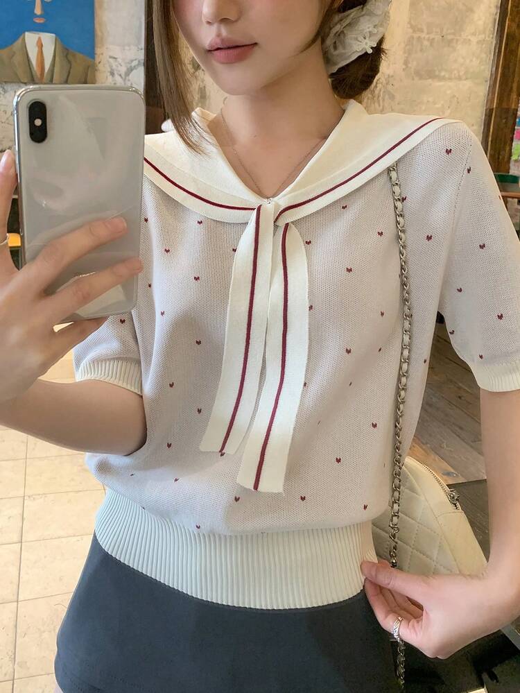 Women's Contrast Color Heart Tie-Up Short Sleeve Knit Top, Girly Style Versatile For Summer