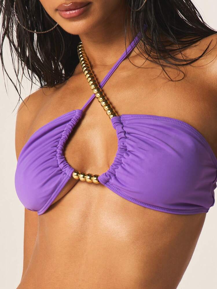 MISSGUIDED Women Ruched Purple Bikini Set With Gold Bead Chain Detail Halter Neck Cross Back Triangle Top Side Tie Bottom Summer Beach Swimwear