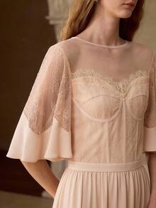 MOTF PREMIUM WOMEN'S ROMANTIC ELEGANT LACE PATCHWORK A-LINE RUFFLE SLEEVE DRESS - Beige - View 2