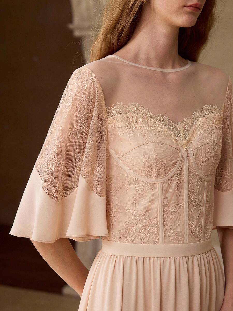 MOTF PREMIUM WOMEN'S ROMANTIC ELEGANT LACE PATCHWORK A-LINE RUFFLE SLEEVE DRESS - Beige - View 2